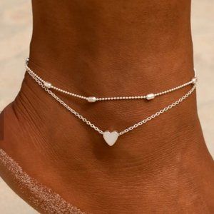 Small Layered Ankle Bracelet silver Heart Beaded Chain